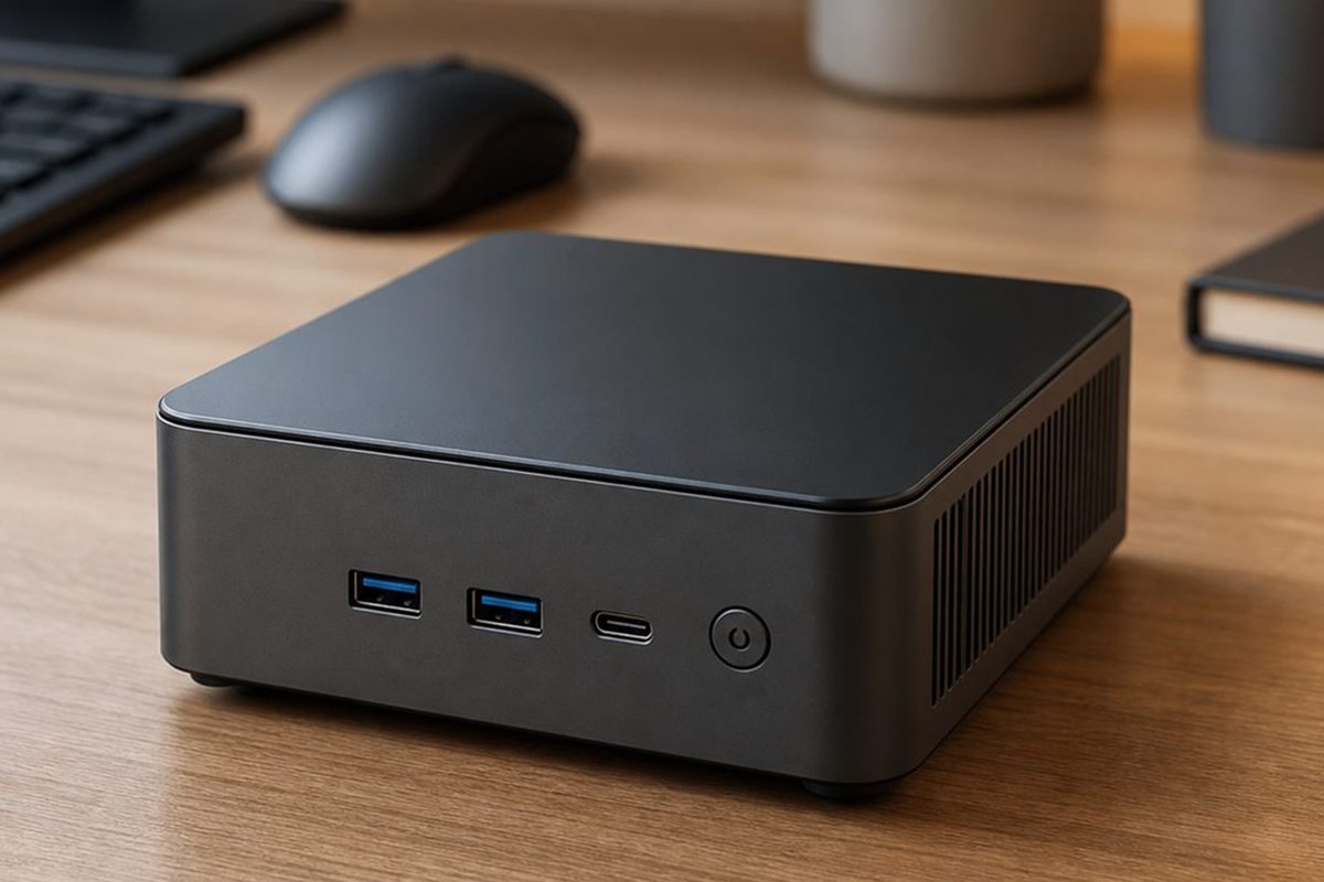 Compact black mini PC on a desk with monitor and keyboard